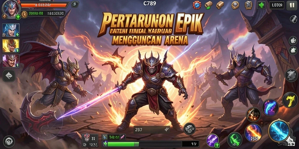 Screenshot menunjukkan karakter bertarung di arena yang mendebarkan.