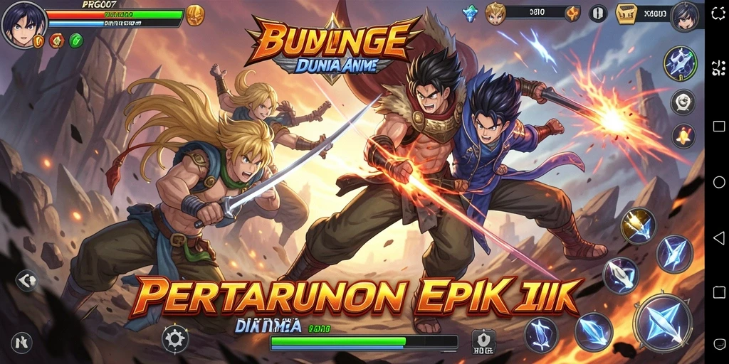 Screenshot gameplay PRG007 menampilkan pertarungan karakter Anime.